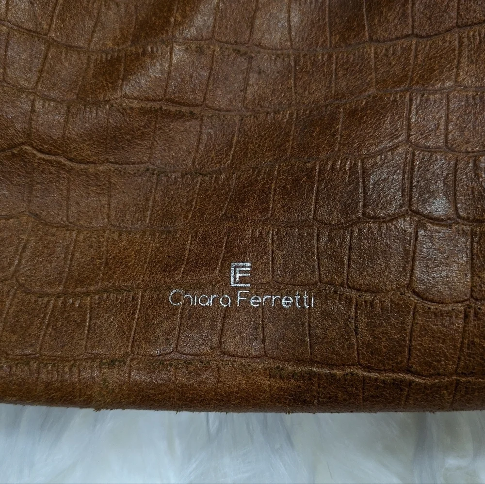 Chiara Ferretti Italian Leather Croc Embossed Cognac Brown Convertible‎ Bag